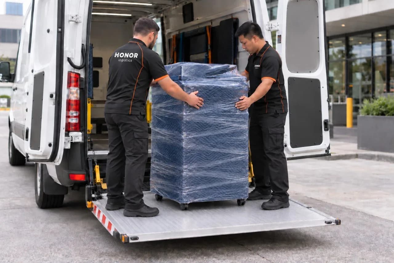 Two Honor crew steadying a blanket-wrapped multifunction printer on a van's tail lift outside an office building.