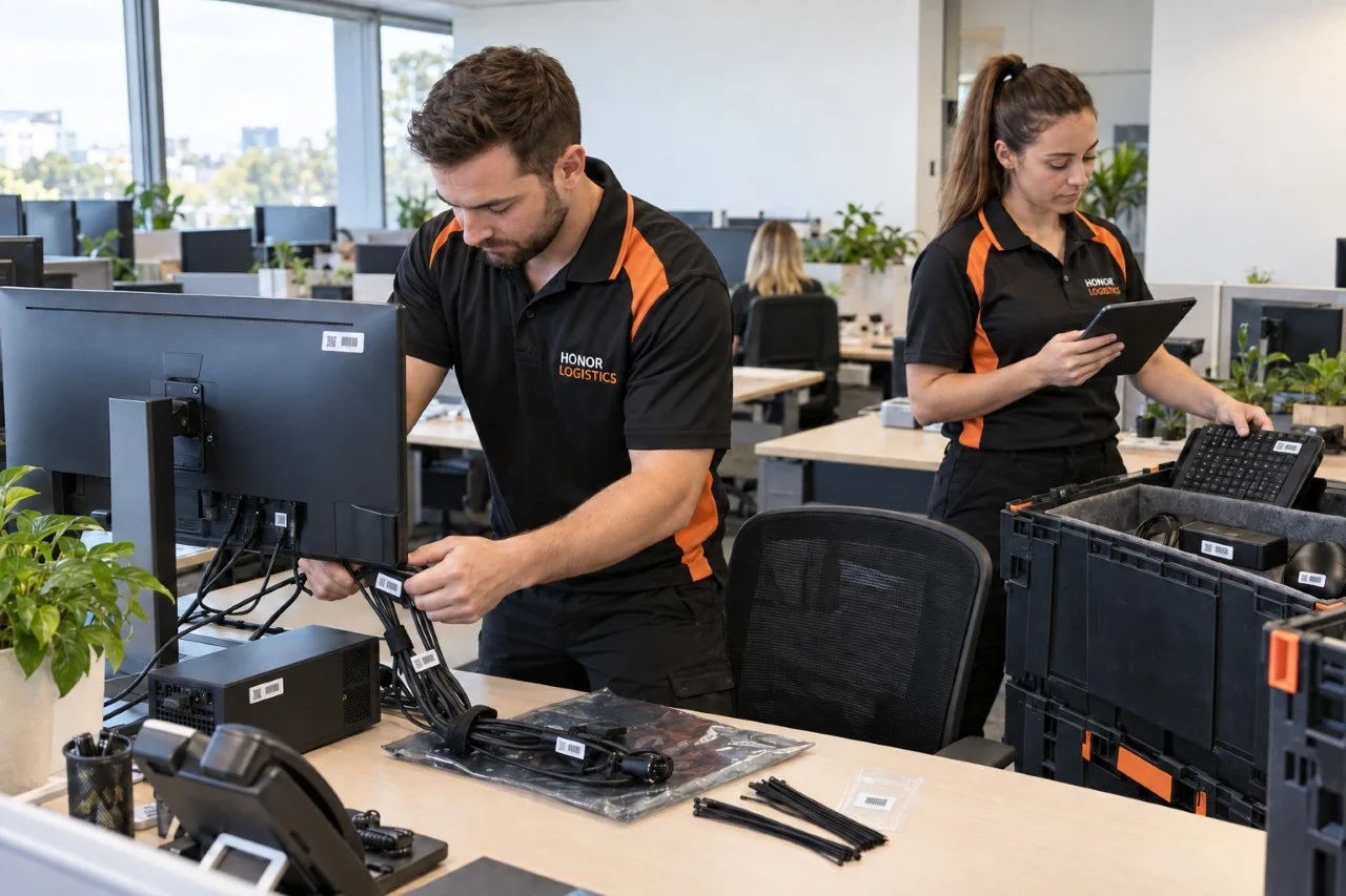 Two Honor technicians reinstalling monitors and a PC at a desk in an open-plan office, packing crates open beside them.