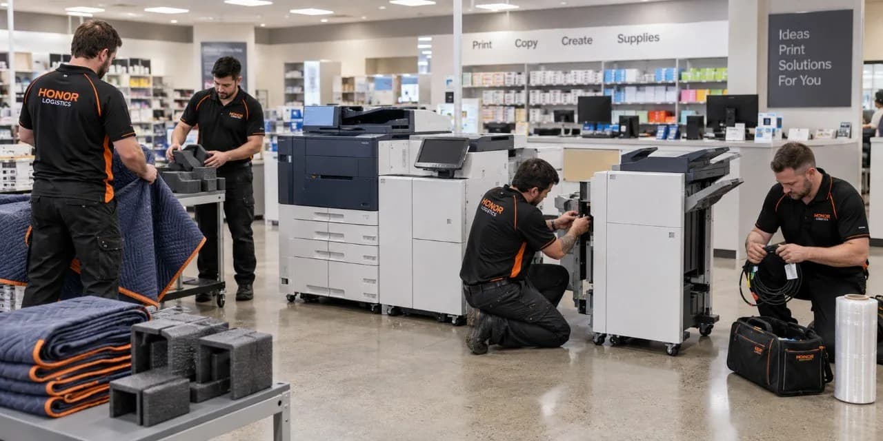 Honor crew around a production print system on a print-shop floor: one technician at the finisher, one preparing cables, moving blankets and corner protectors ready on a trolley.