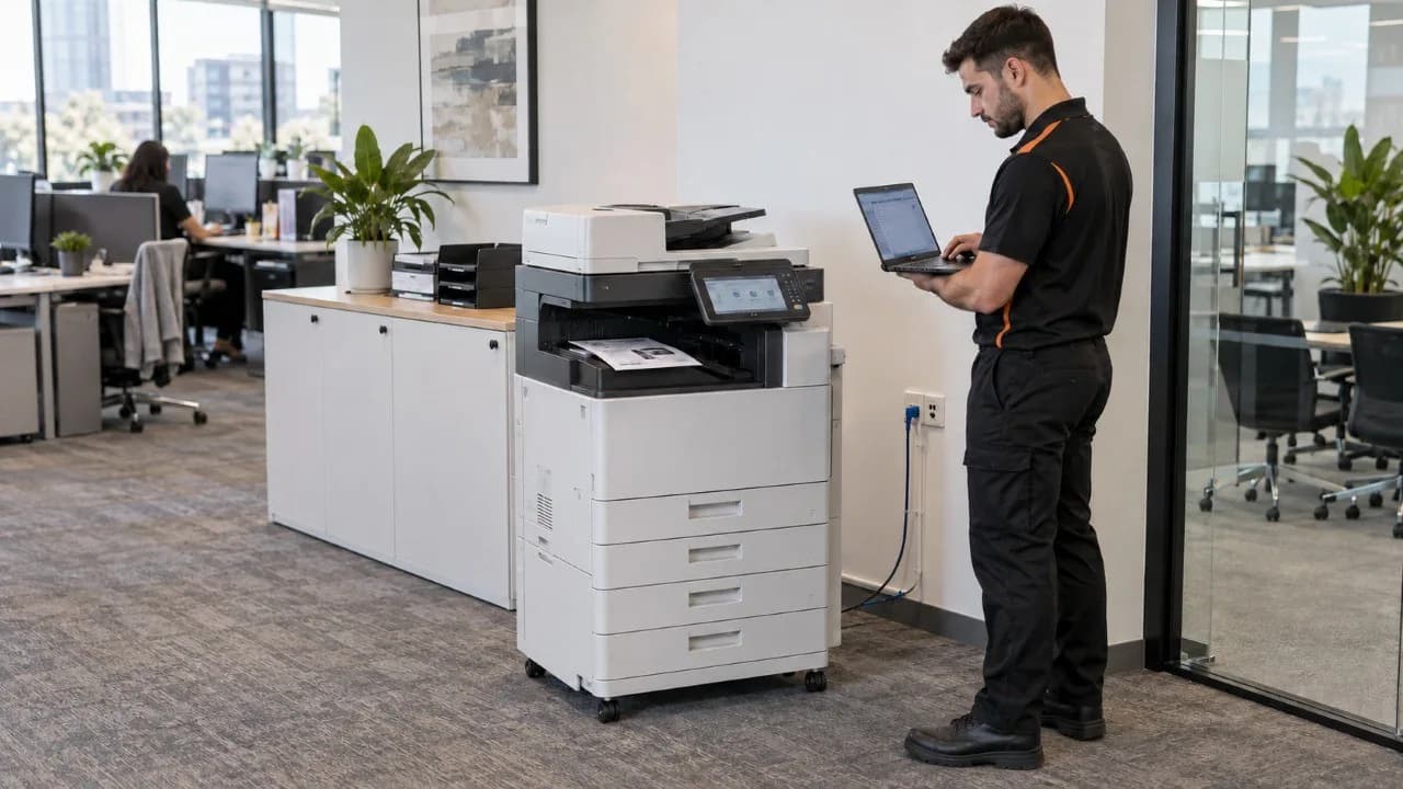 A Honor technician with a laptop beside a newly placed multifunction printer in an open-plan office, commissioning it on the network.