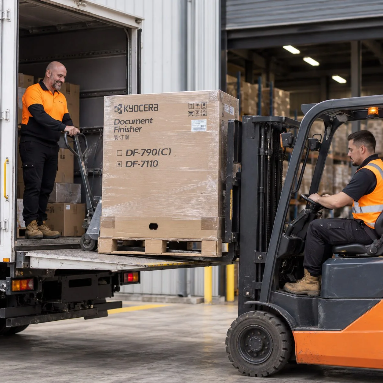 A forklift lifting a boxed document finisher on a pallet into a truck at the dock, a technician with a pallet jack inside the truck.