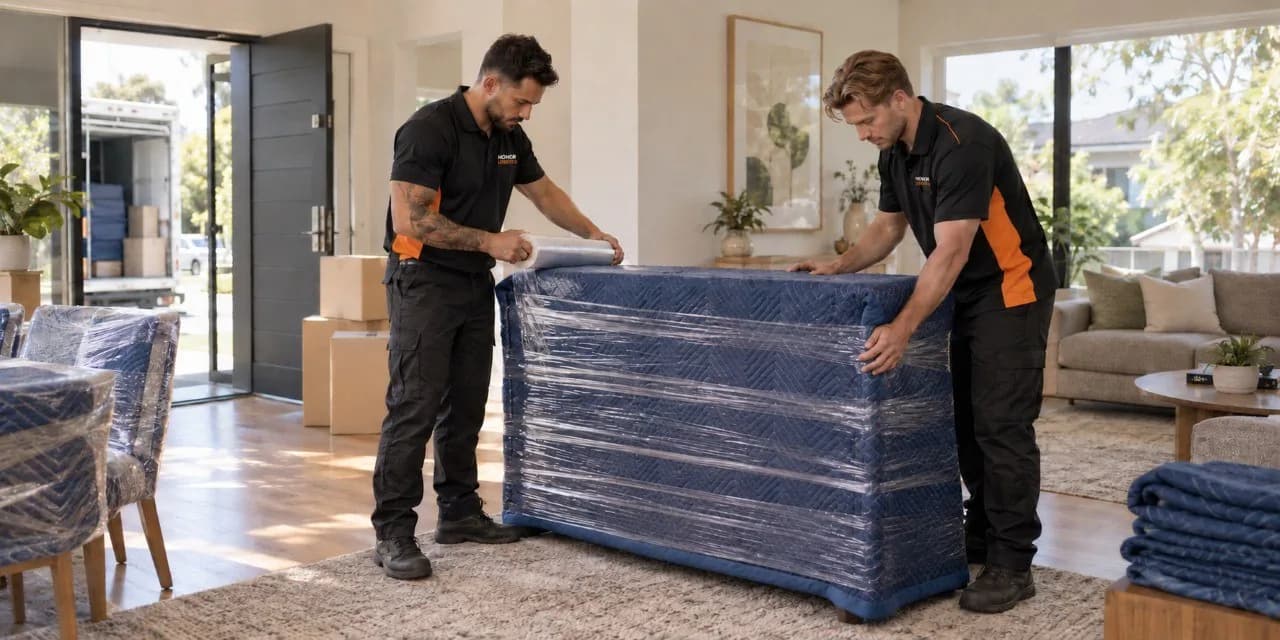 Two Honor crew wrapping a blanket-covered sideboard in stretch film inside a living room, the van open at the door behind them.