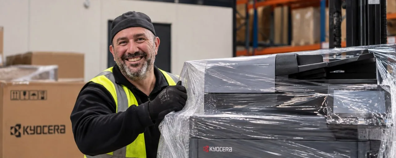A Honor technician beside a shrink-wrapped multifunction printer on a pallet in the warehouse.