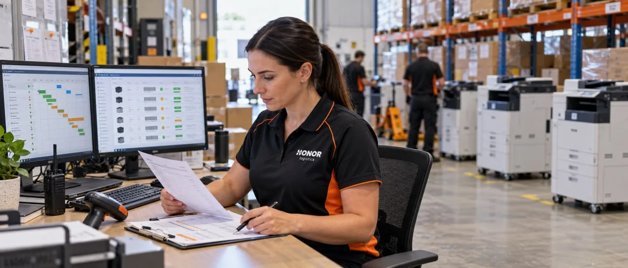 A Honor Logistics coordinator at a desk on the warehouse floor, the rollout schedule and asset register on two monitors, checking a job sheet against the clipboard; staged multifunction printers and pallet racking behind.