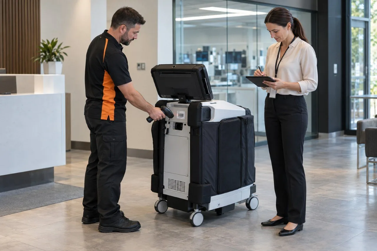 A Honor technician scanning the label on a covered piece of equipment on a trolley in an office lobby while the site contact signs on a tablet.