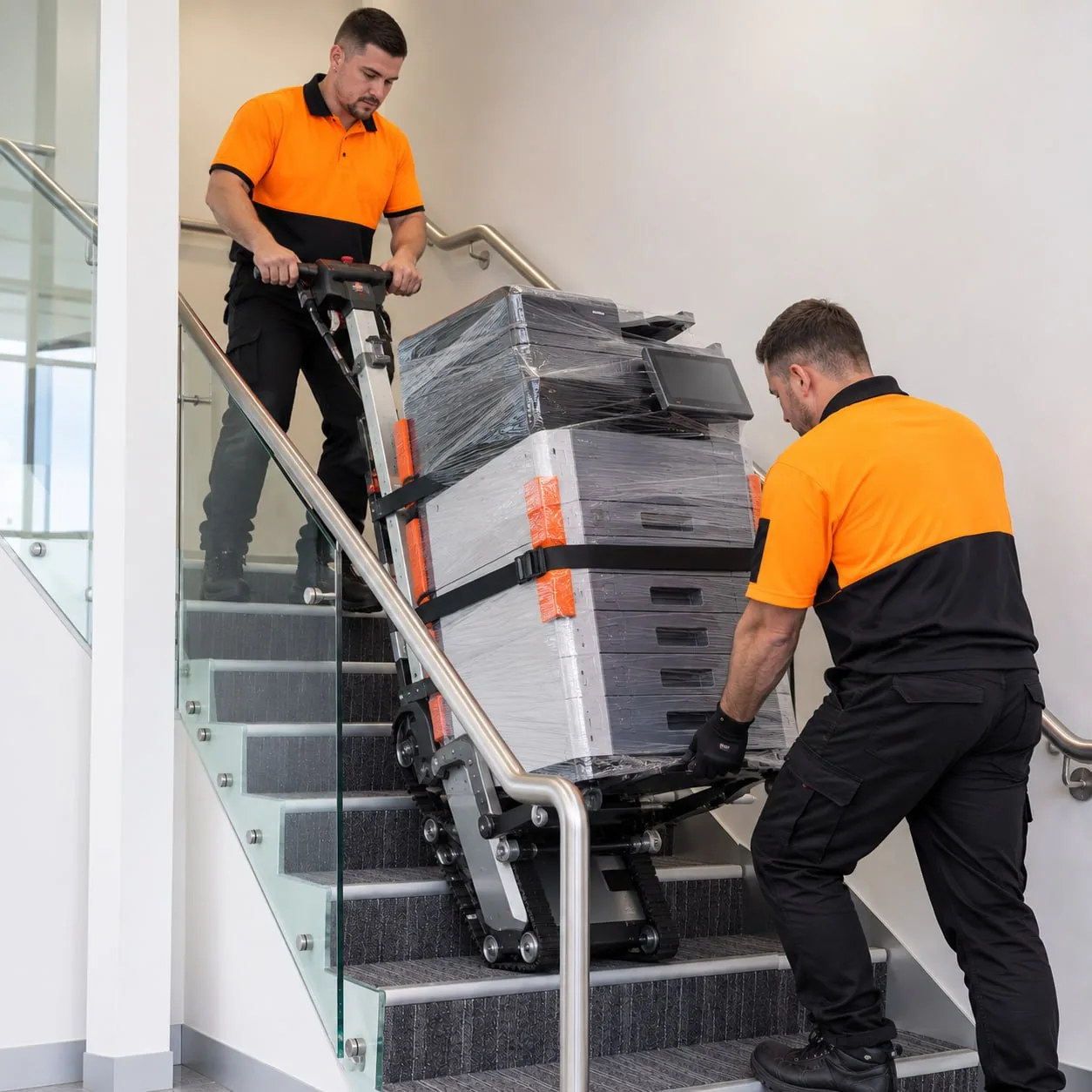 Two Honor technicians moving a stacked multifunction printer up a glass-sided office staircase on a powered stair-climber.