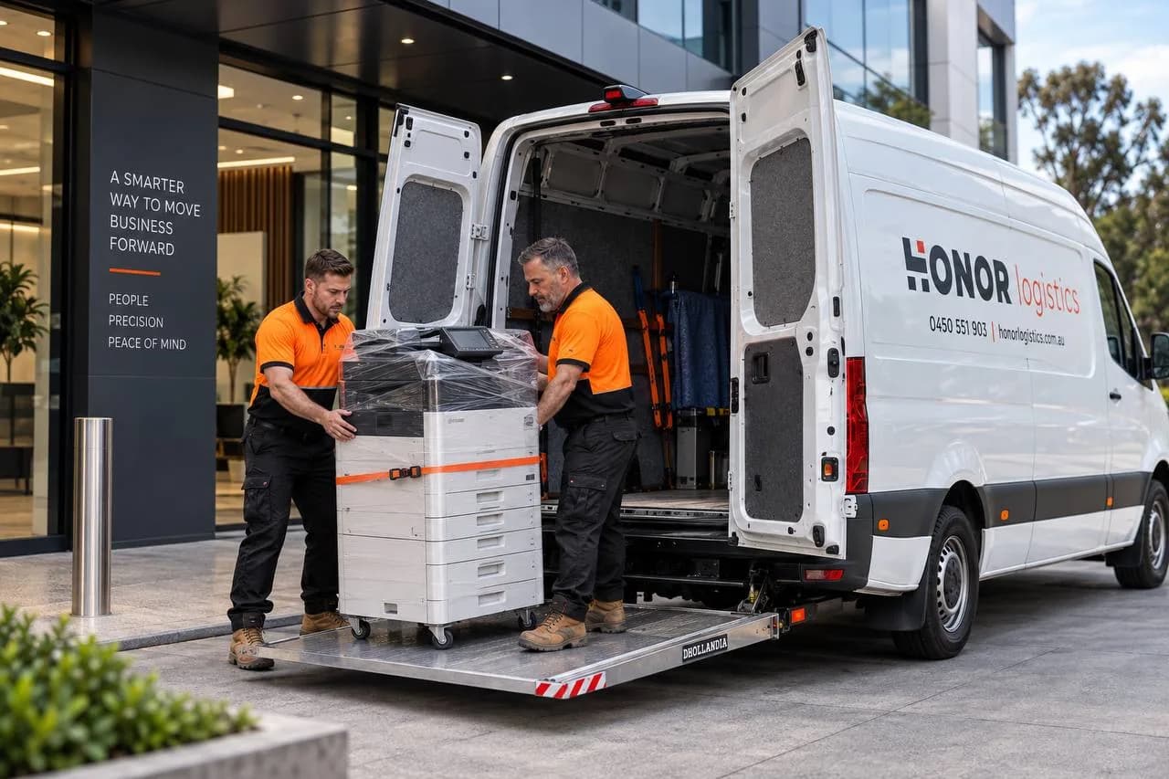 Two Honor technicians steadying a shrink-wrapped multifunction printer on the van's tail-lift outside an office building.