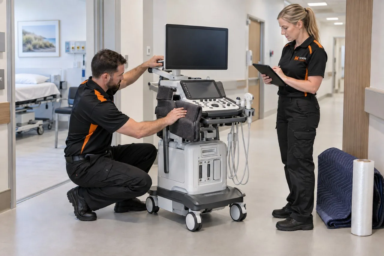 Two Honor technicians with an ultrasound cart in a hospital corridor, one kneeling to secure the console, the other checking the job on a tablet.
