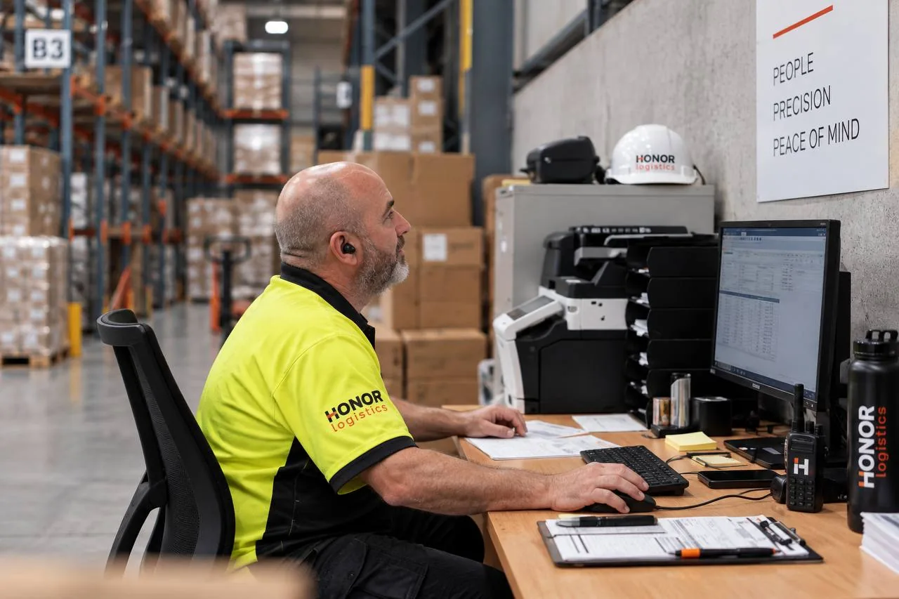 A Honor technician at a desk inside the warehouse, stock records on the monitor, a multifunction printer and a hard hat beside him, pallet racking behind.