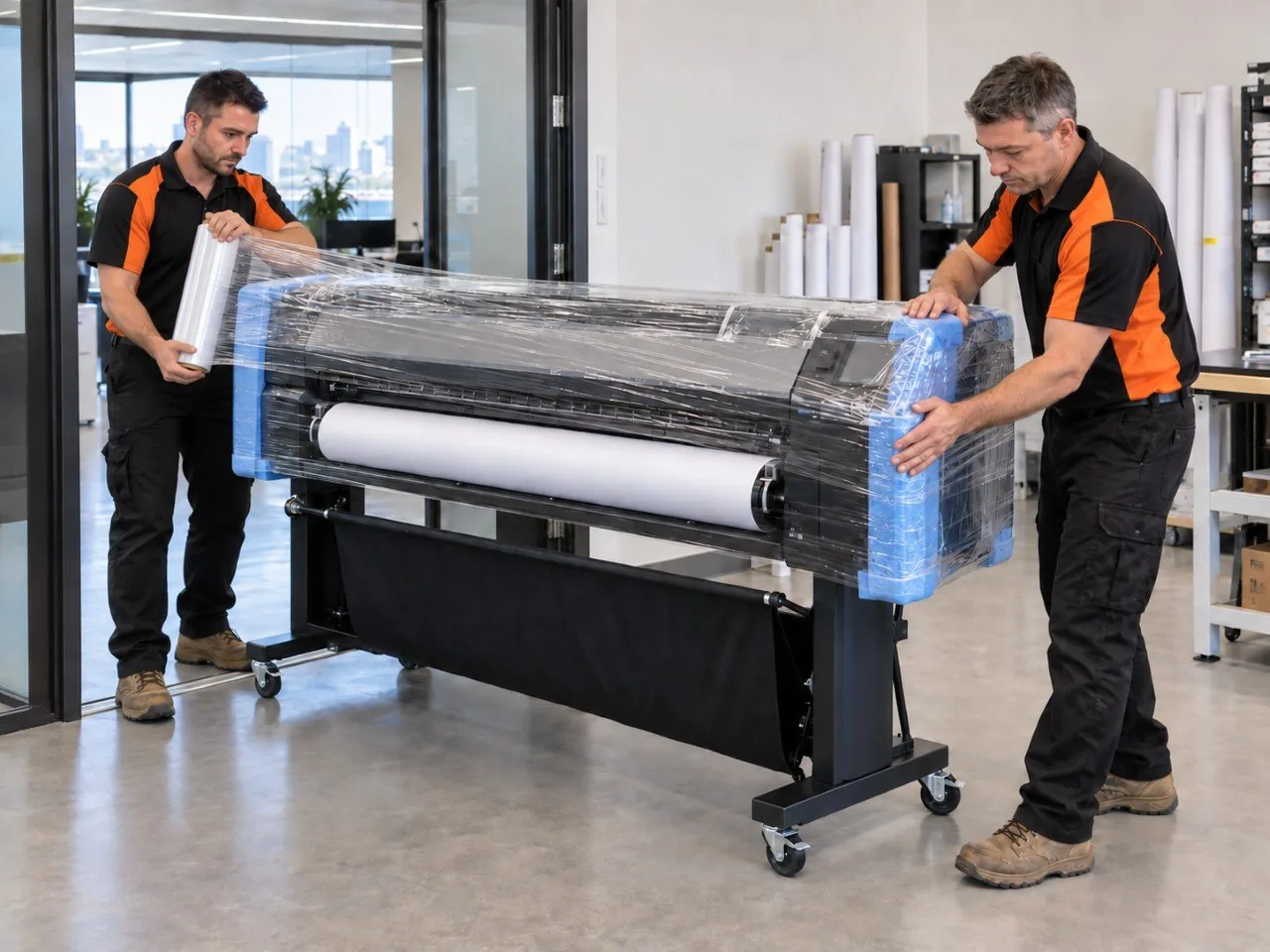 Two Honor technicians wrapping a wide-format printer in protective film on its stand, inside an office before it is moved.